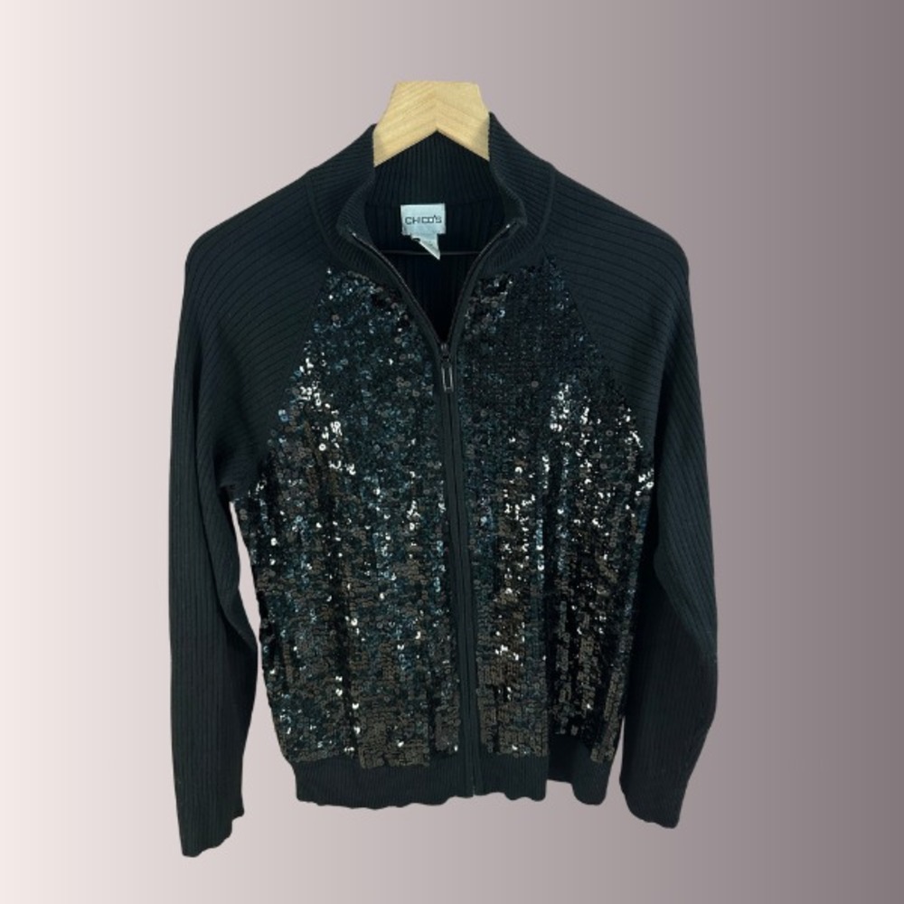 Chico's Black Sequin Cardigan Sweater Silk Blend Party Formal Size 2 Large